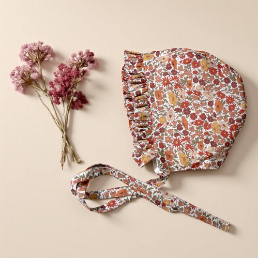 Liberty London Ditsy Floral Print Ruffle Brim Bonnet, Handmade Rust Mustard Cotton Sun Hat