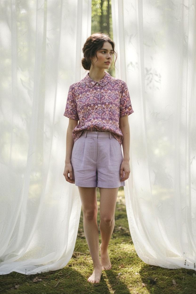 Liberty London Peter Pan Collar Short Sleeves Blouse, Handmade Purple Strawberry Thief Print Top