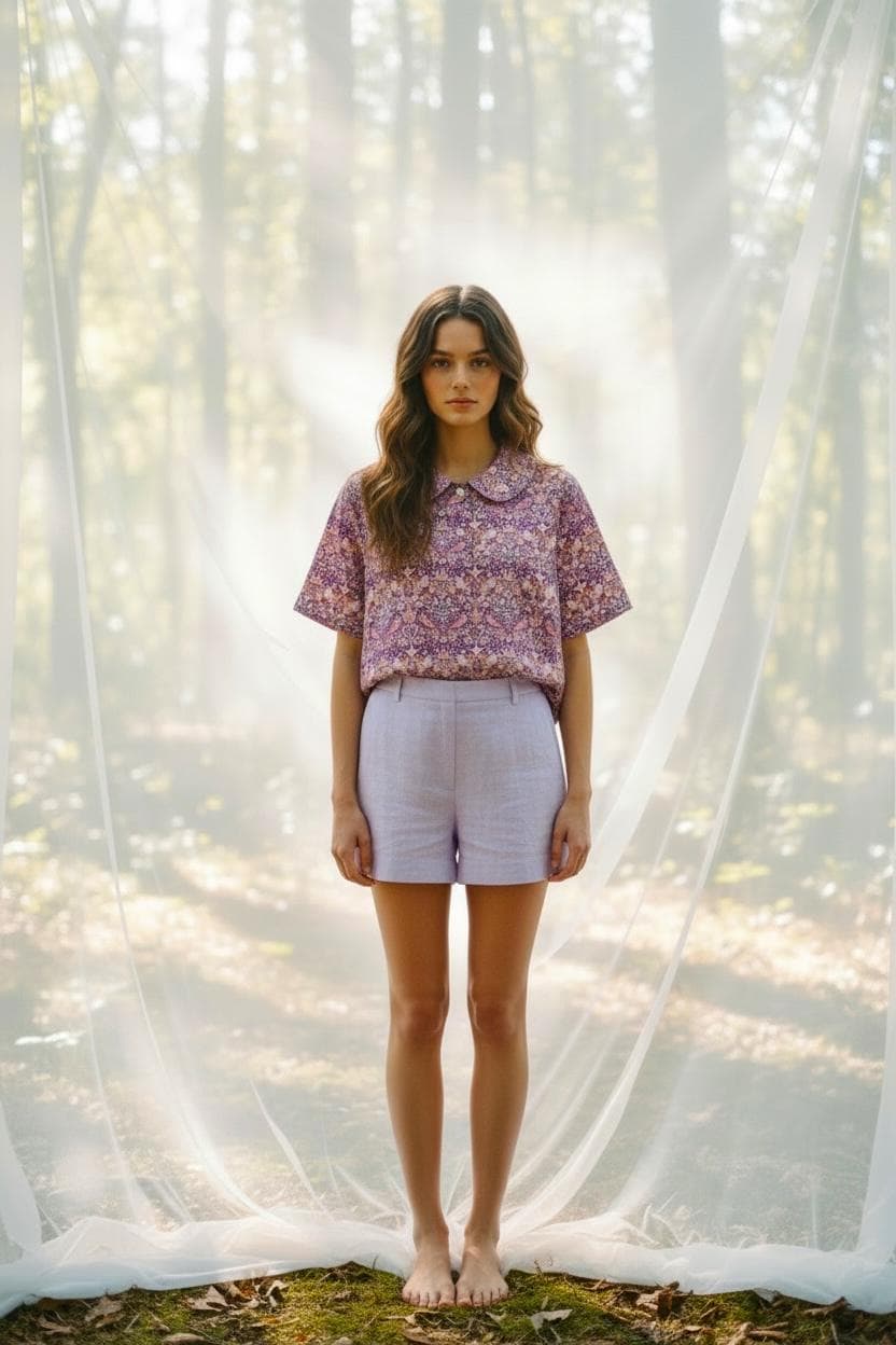 Liberty London Peter Pan Collar Short Sleeves Blouse, Handmade Purple Strawberry Thief Print Top