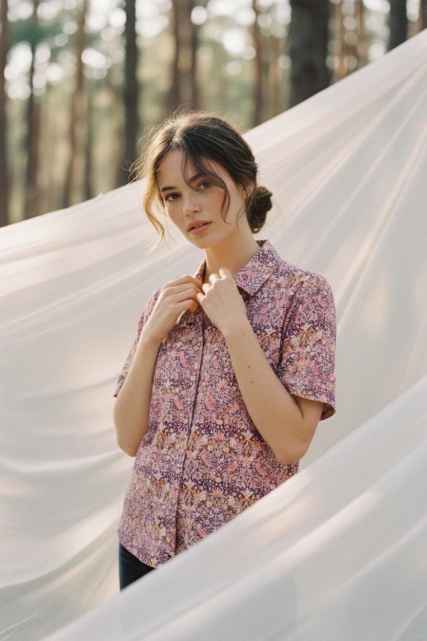 Liberty London Peter Pan Collar Short Sleeves Blouse, Handmade Purple Strawberry Thief Print Top