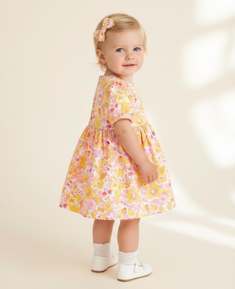 Liberty London Pink Yellow Handmade Sun Dress, Puffed Short Sleeves Ditsy Floral Print Dress
