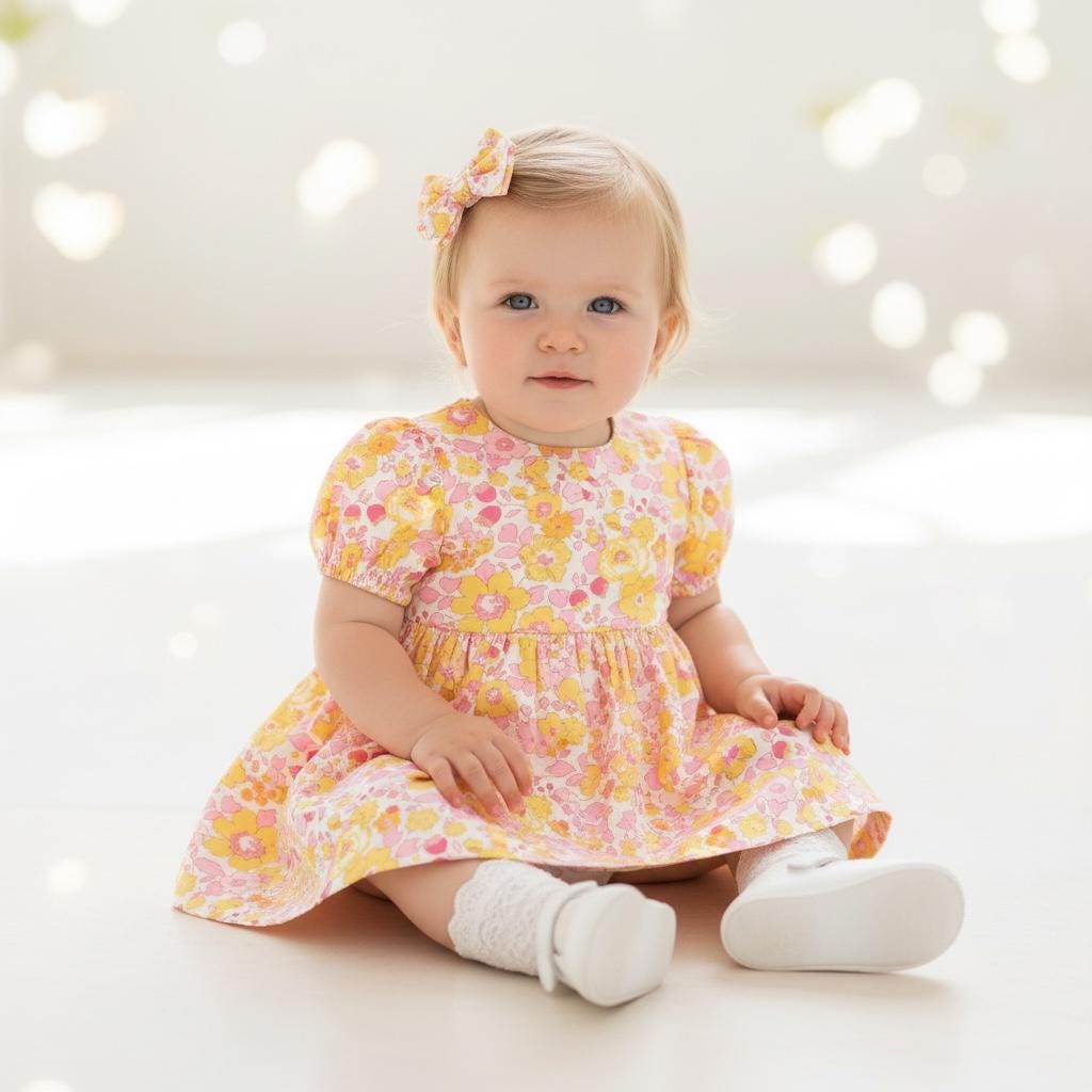 Liberty London Pink Yellow Handmade Sun Dress, Puffed Short Sleeves Ditsy Floral Print Dress