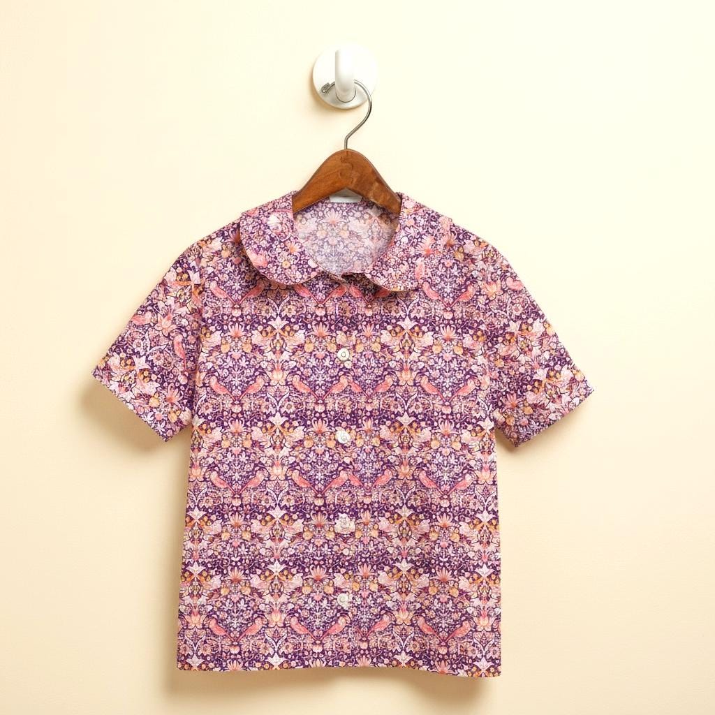 Liberty London Peter Pan Collar Short Sleeves Blouse, Handmade Purple Strawberry Thief Print Top