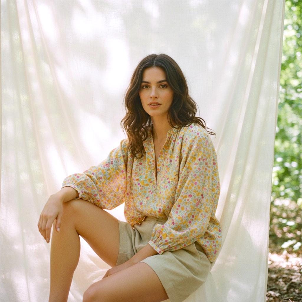 Liberty London Mandarin Collar 3/4 Bishop Sleeves Draping Blouse, Handmade Ditsy Floral Print Shirt