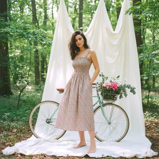 Liberty London Smock Shirred Midi Sun Dress, Handmade Floral Print Cotton Tana Lawn Clothing