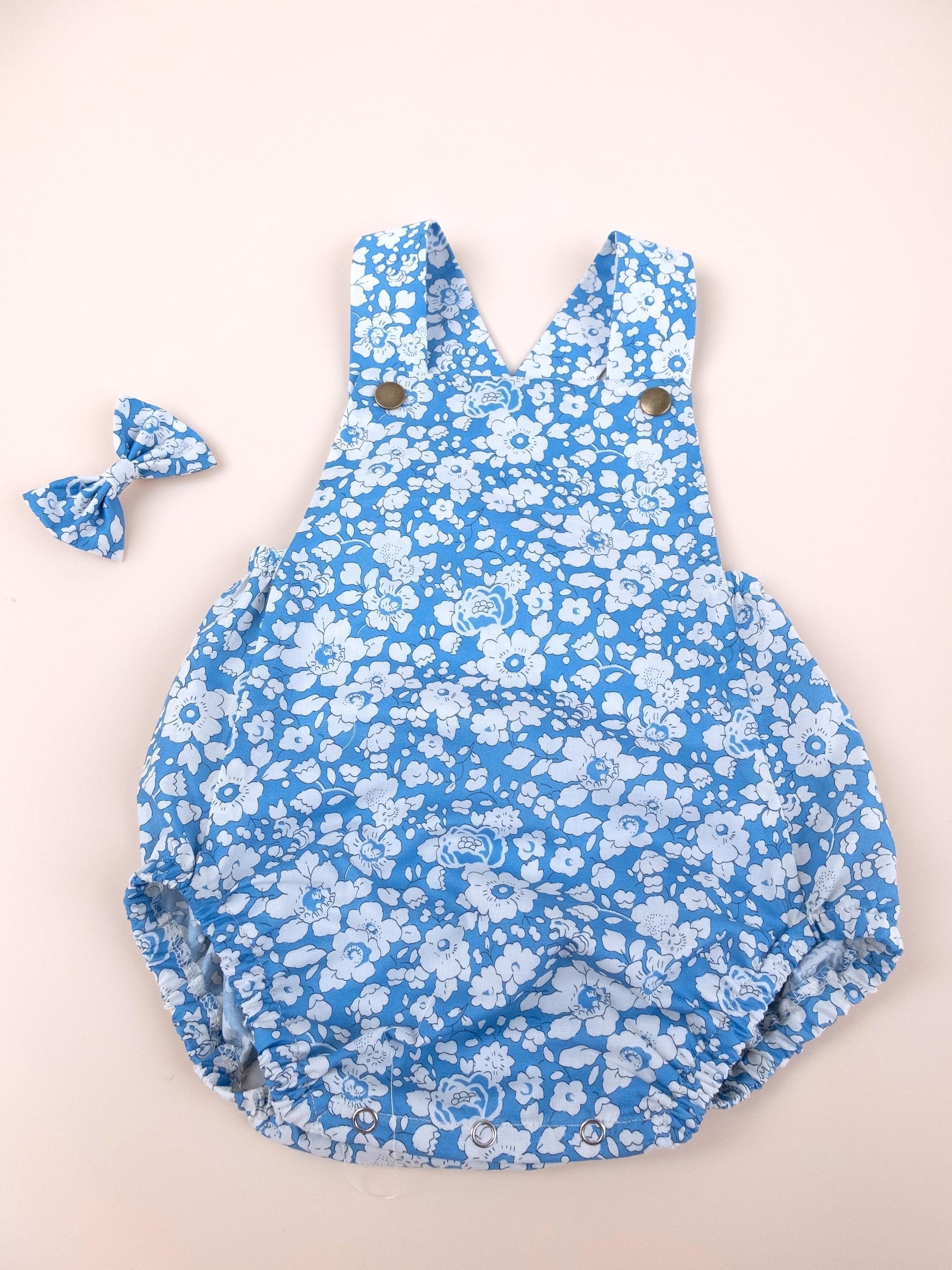 Liberty London Blue Floral Print Bubble Romper, Handmade Ditsy Cotton Tana Lawn Suspender Sunsuit