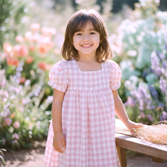 Pink Gingham Linen Smock Dress, Puffed Short Sleeves Square Neck Sun Dress, Handmade Clothing