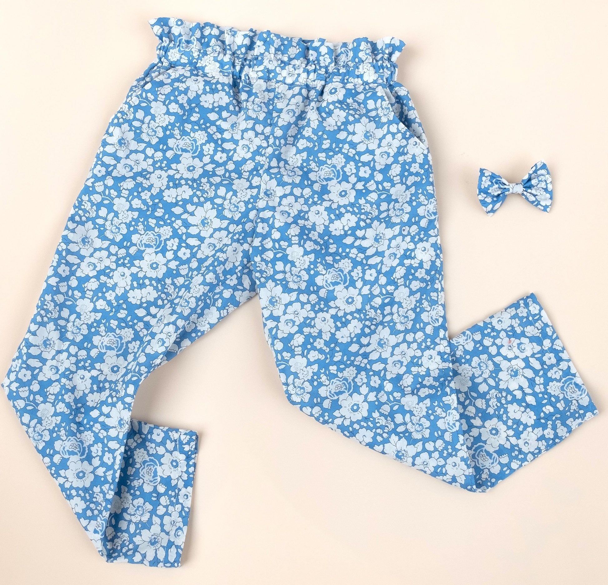 Liberty London Cotton Blue Floral Print Trousers, Ruffle Elastic High Waist Tapper Pants