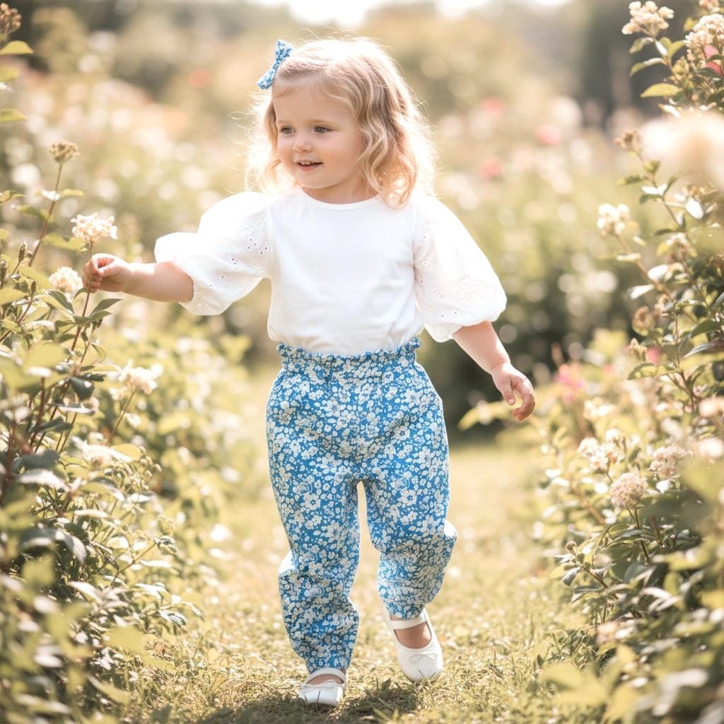 Liberty London Cotton Blue Floral Print Trousers, Ruffle Elastic High Waist Tapper Pants