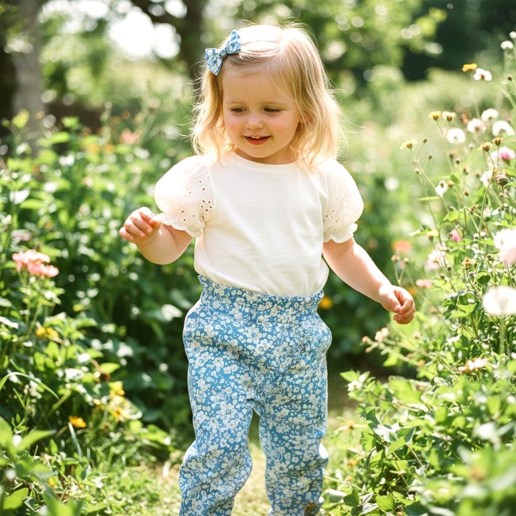 Liberty London Cotton Blue Floral Print Trousers, Ruffle Elastic High Waist Tapper Pants