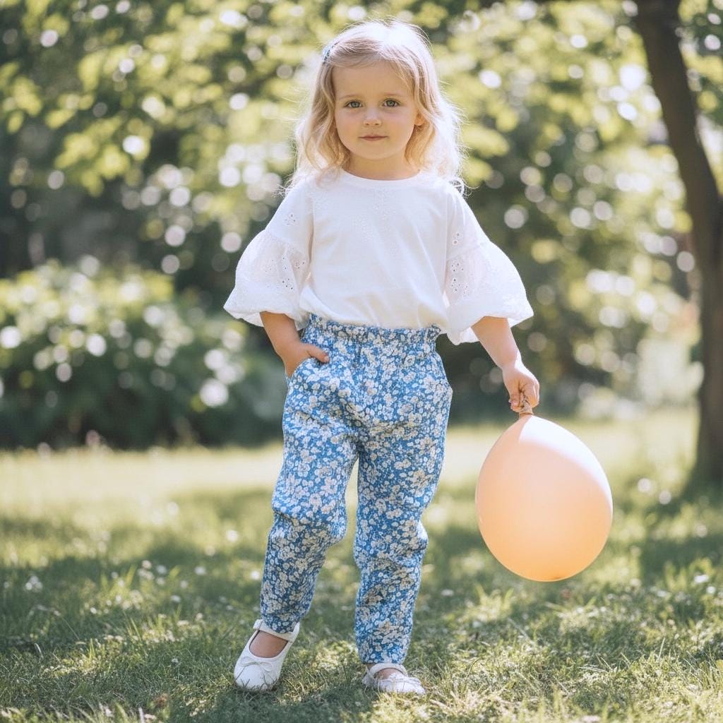 Liberty London Cotton Blue Floral Print Trousers, Ruffle Elastic High Waist Tapper Pants