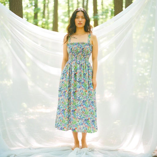 Liberty London Smock Shirred Midi Sun Dress, Handmade Floral Print Cotton Tana Lawn Clothing