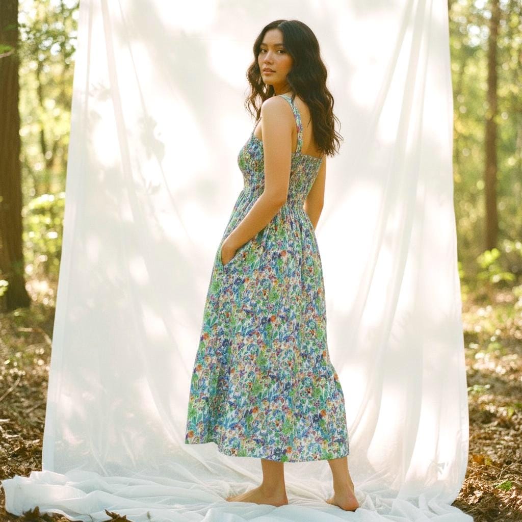 Liberty London Smock Shirred Midi Sun Dress, Handmade Floral Print Cotton Tana Lawn Clothing