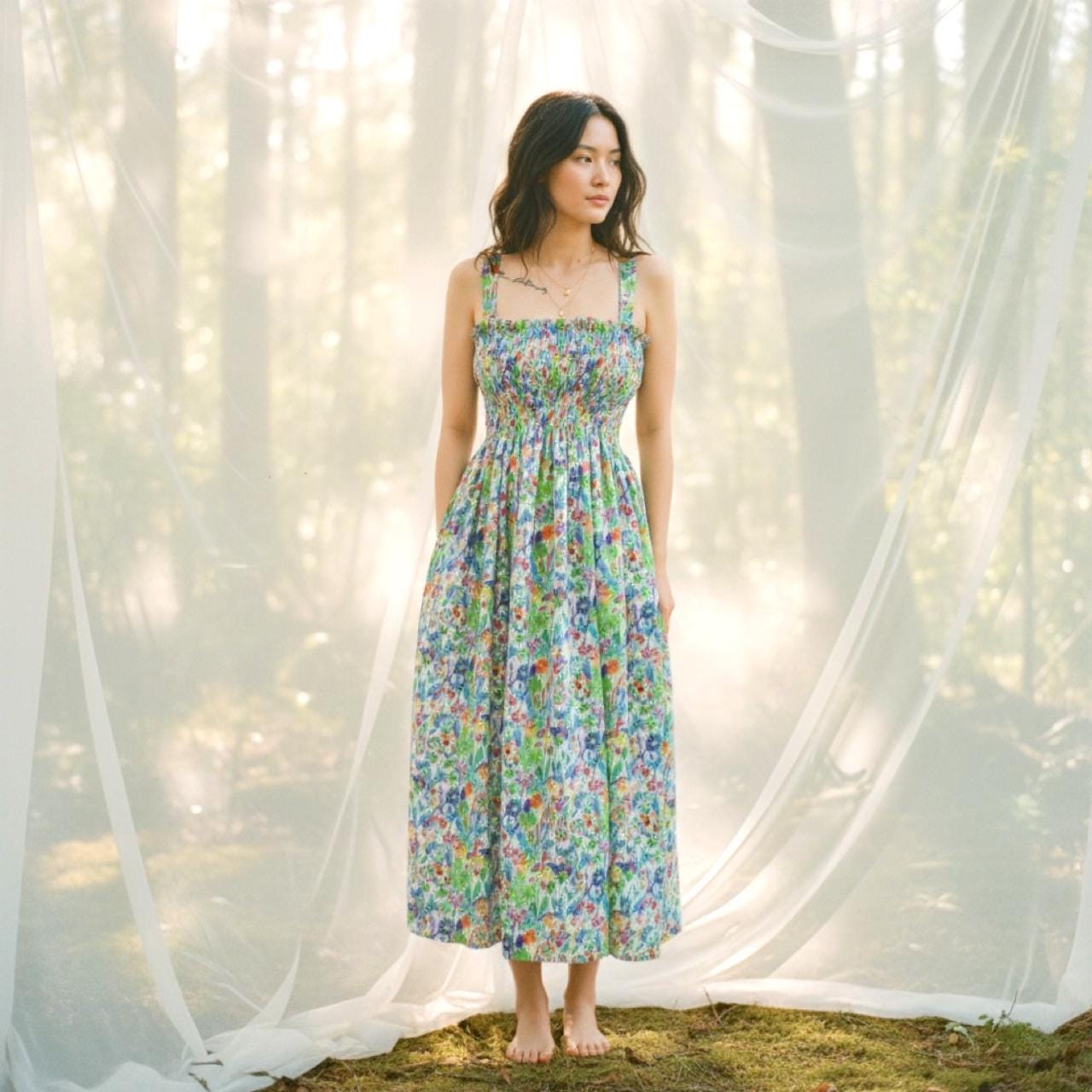 Liberty London Smock Shirred Midi Sun Dress, Handmade Floral Print Cotton Tana Lawn Clothing
