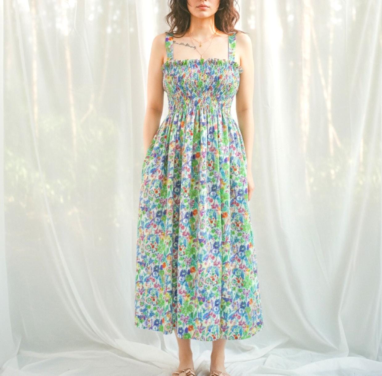 Liberty London Smock Shirred Midi Sun Dress, Handmade Floral Print Cotton Tana Lawn Clothing