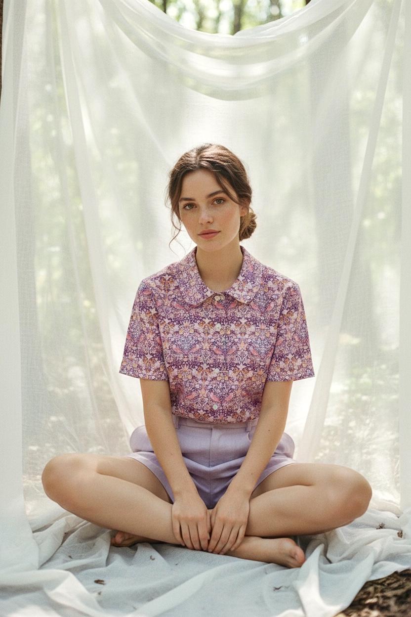 Liberty London Peter Pan Collar Short Sleeves Blouse, Handmade Purple Strawberry Thief Print Top