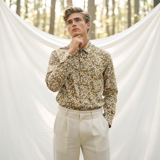 Liberty London Button Up Long Sleeves Dress Shirt, Mustard Gray Handmade Floral Print Chemise