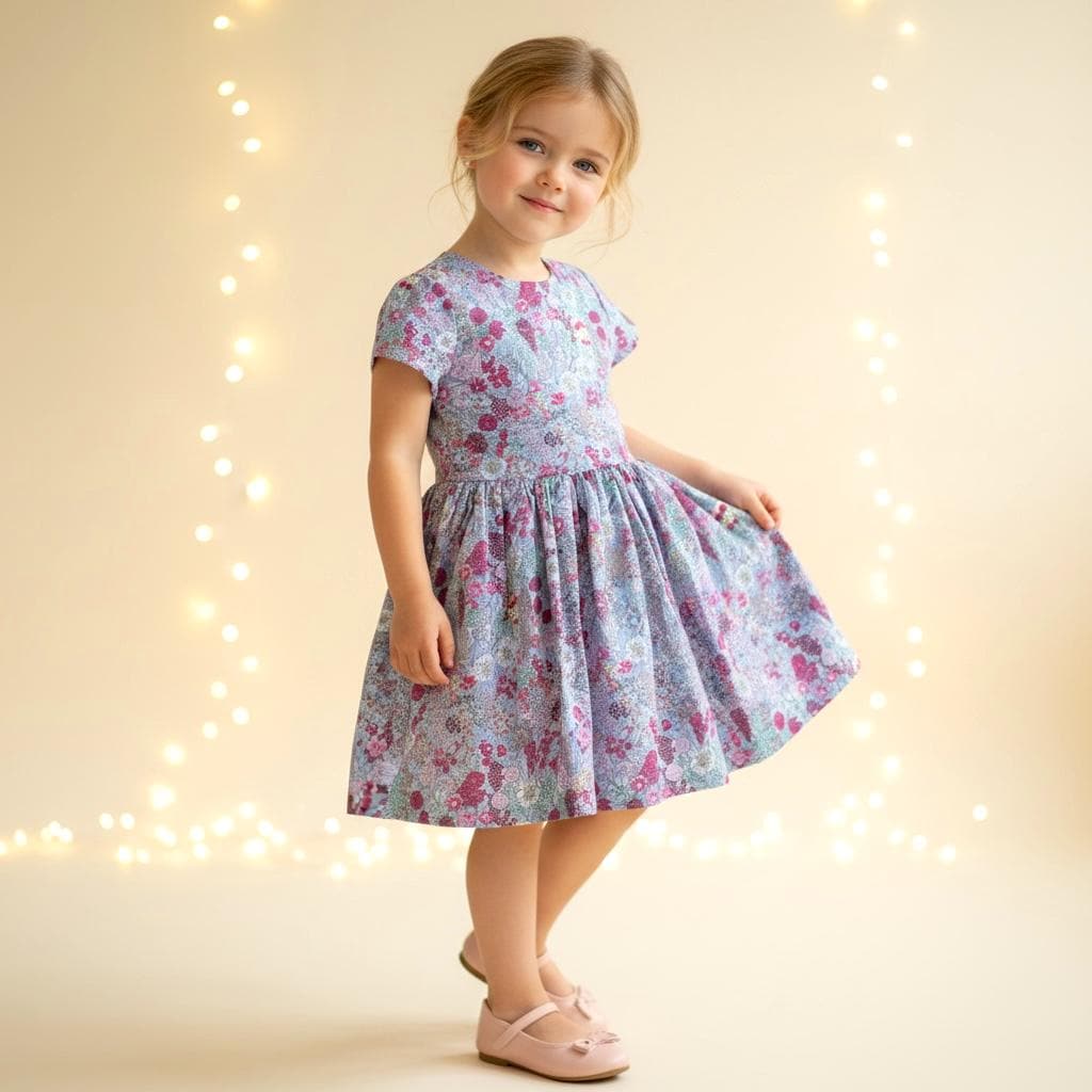 Liberty London Pink Grey Short Sleeve Sun Dress, Handmade Ditsy Cotton Floral Print Clothing