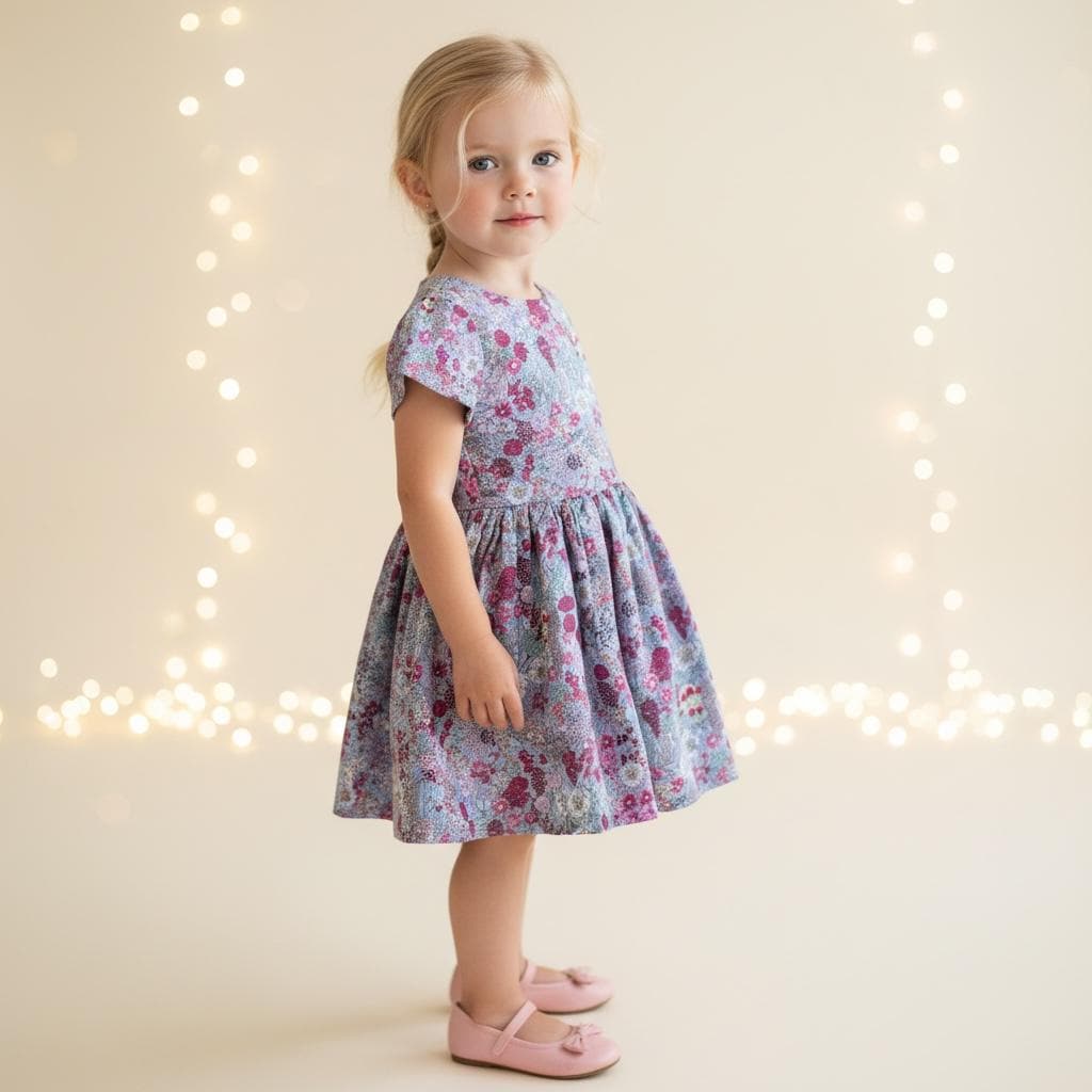 Liberty London Pink Grey Short Sleeve Sun Dress, Handmade Ditsy Cotton Floral Print Clothing