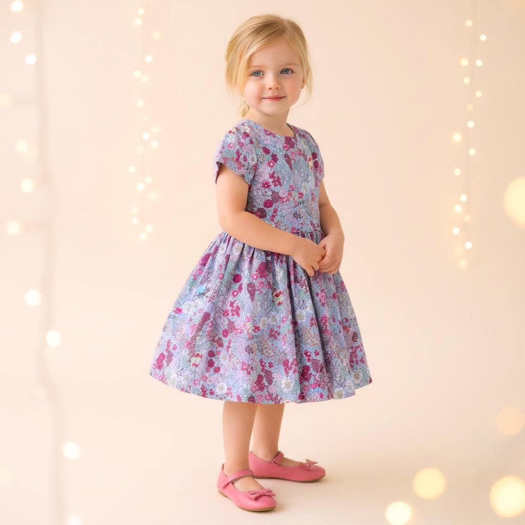 Liberty London Pink Grey Short Sleeve Sun Dress, Handmade Ditsy Cotton Floral Print Clothing