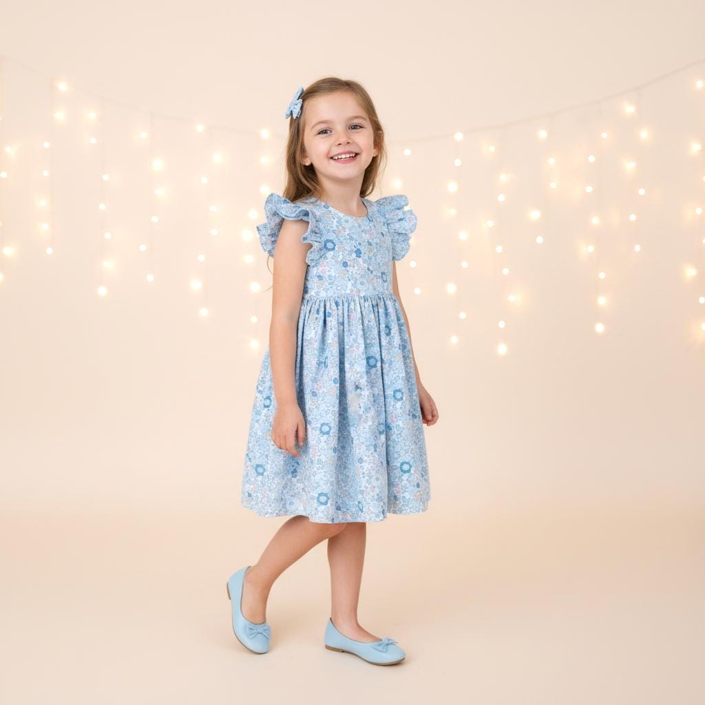 Liberty London Pastel Blue Pink Floral Print Sun Dress, Sleeveless Ruffle Flutter Handmade Dress