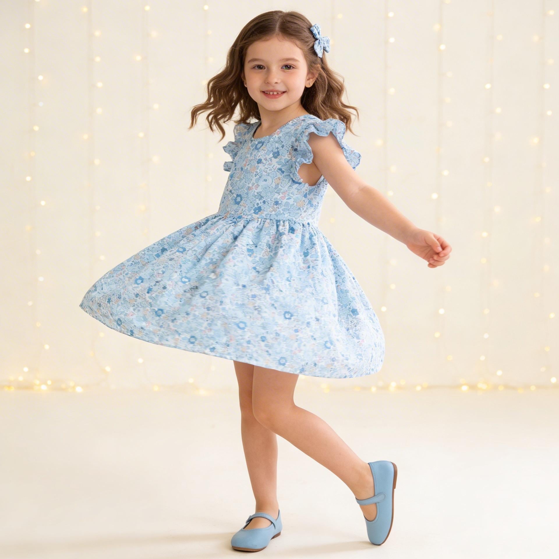 Liberty London Pastel Blue Pink Floral Print Sun Dress, Sleeveless Ruffle Flutter Handmade Dress