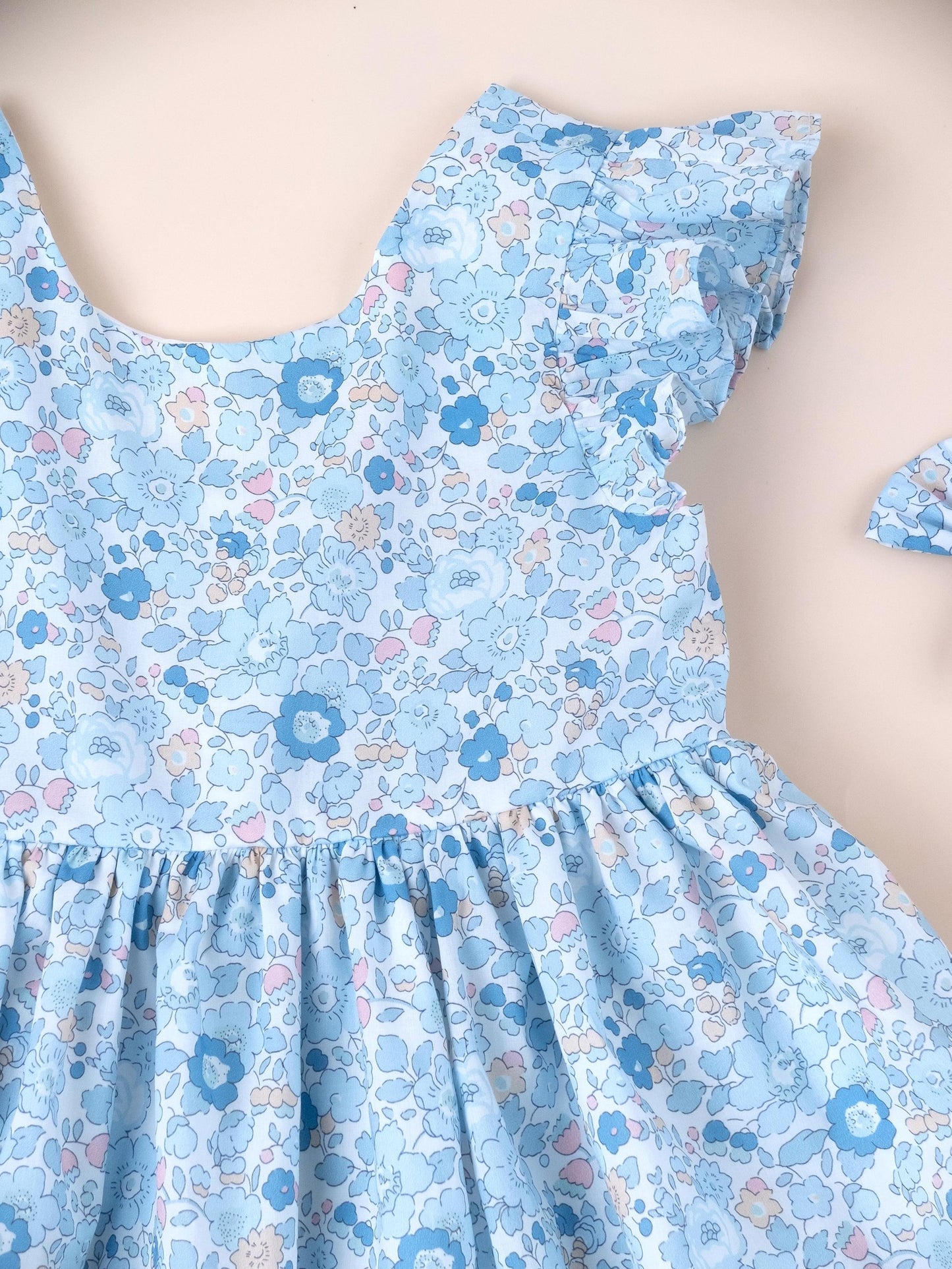 Liberty London Pastel Blue Pink Floral Print Sun Dress, Sleeveless Ruffle Flutter Handmade Dress