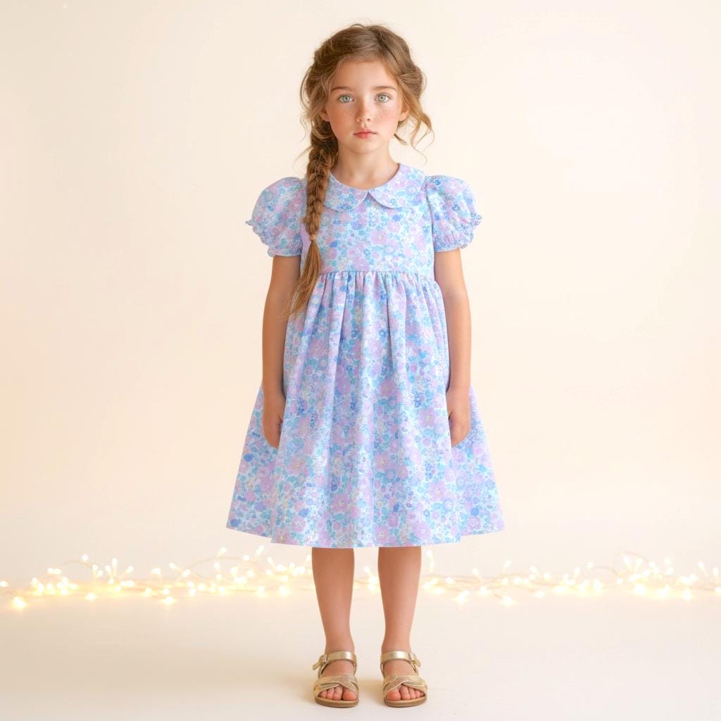 Liberty London Pastel Pink Blue Floral Print Dress, Peter Pan Collar Short Sleeves Dress