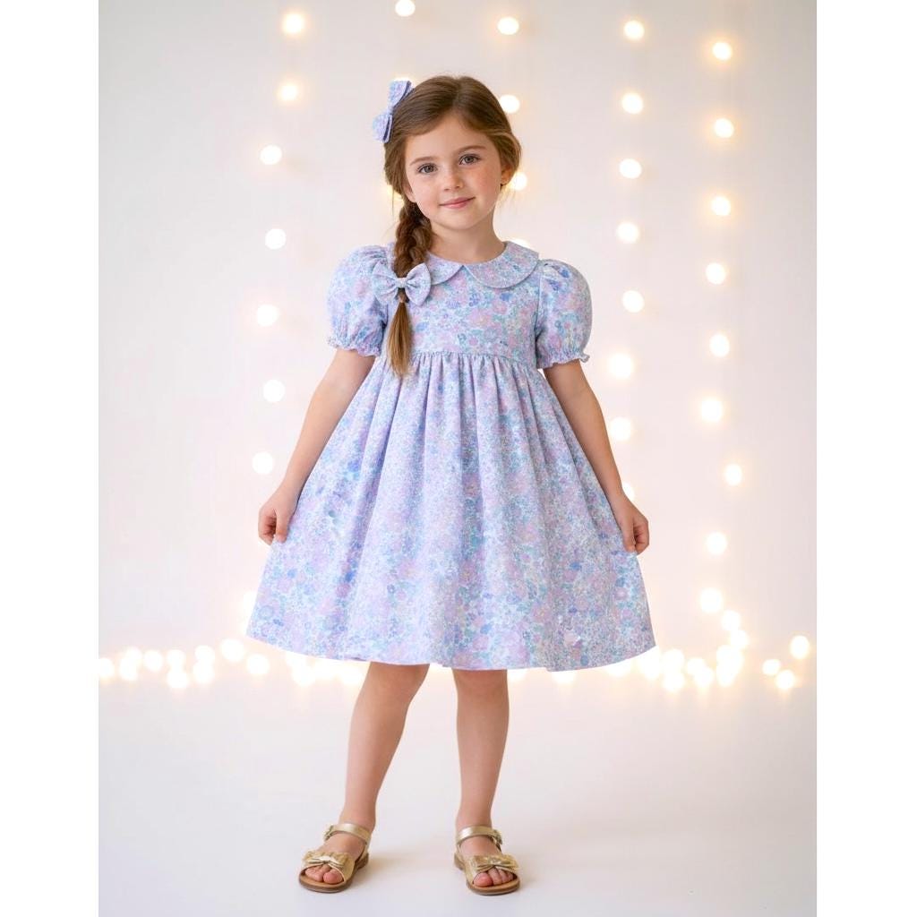 Liberty London Pastel Pink Blue Floral Print Dress, Peter Pan Collar Short Sleeves Dress