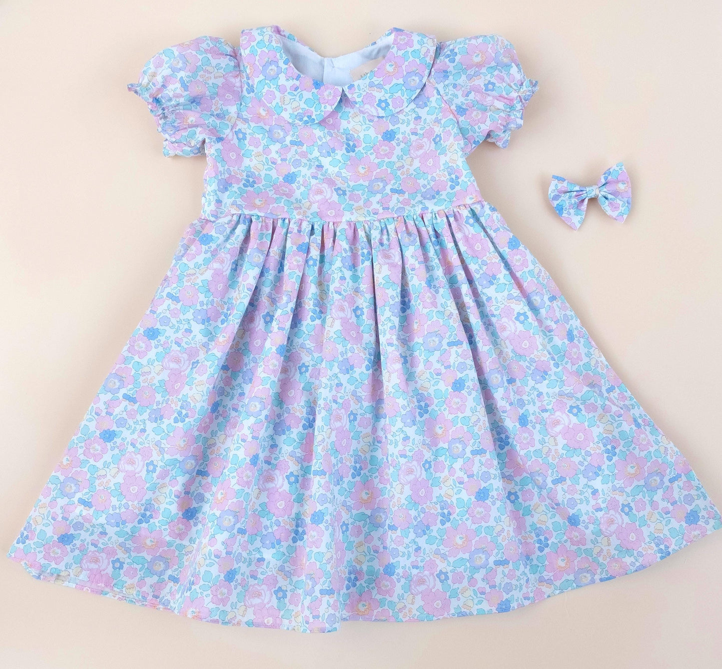 Liberty London Pastel Pink Blue Floral Print Dress, Peter Pan Collar Short Sleeves Dress