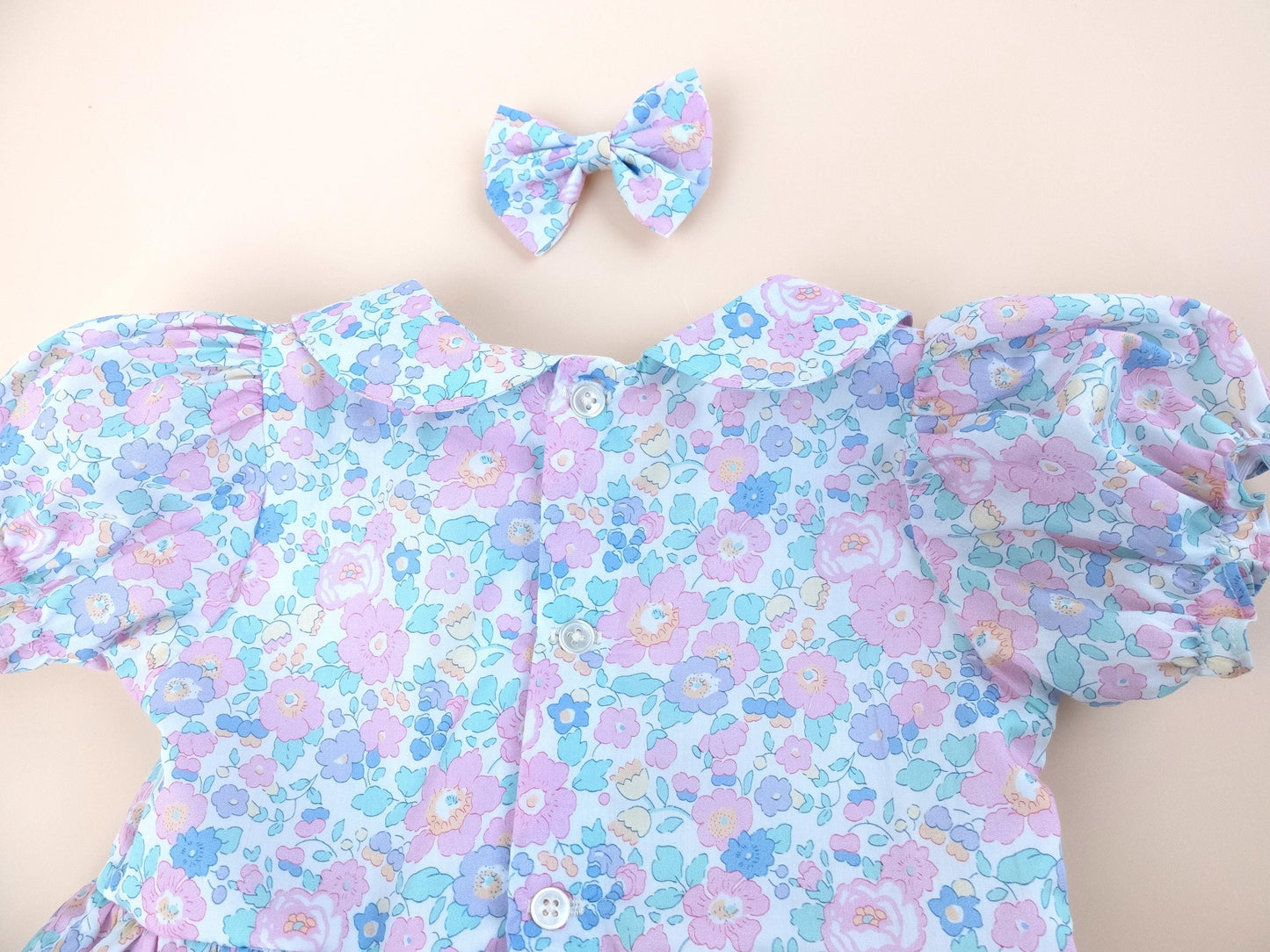 Liberty London Pastel Pink Blue Floral Print Dress, Peter Pan Collar Short Sleeves Dress