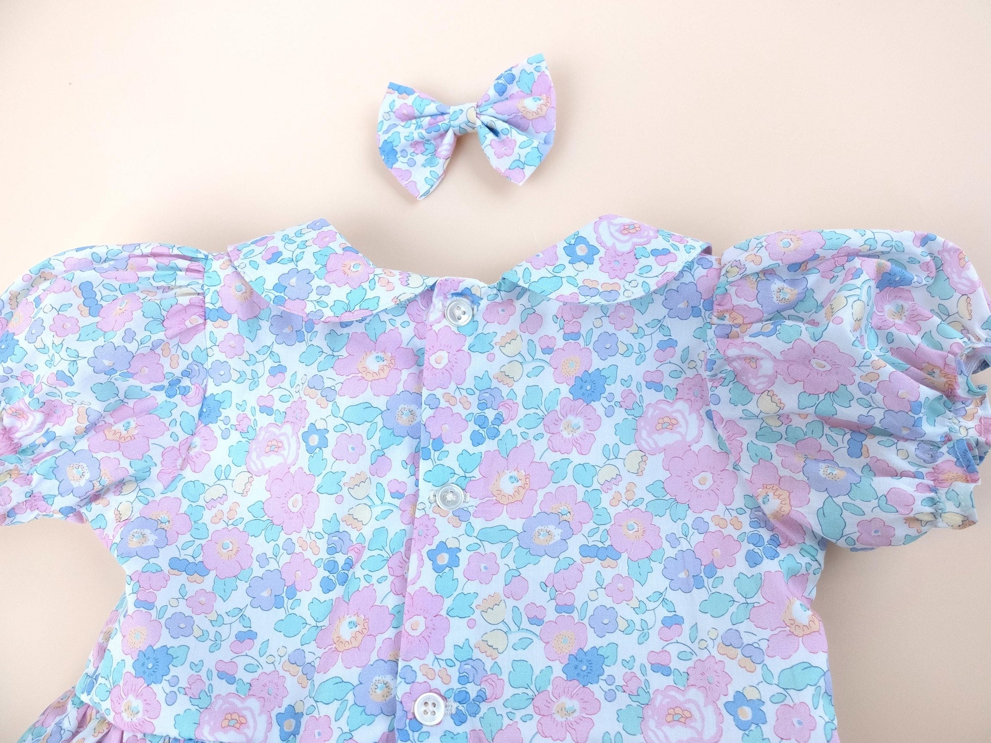 Liberty London Pastel Pink Blue Floral Print Dress, Peter Pan Collar Short Sleeves Dress