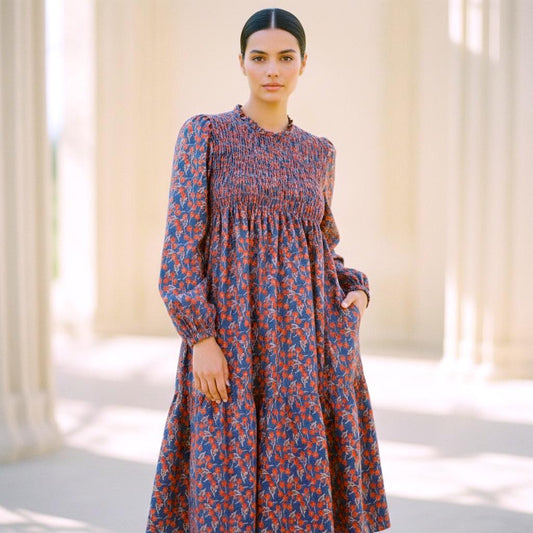 Liberty London Floral Smock Dress, Long Puff Sleeves, Shirred Midi