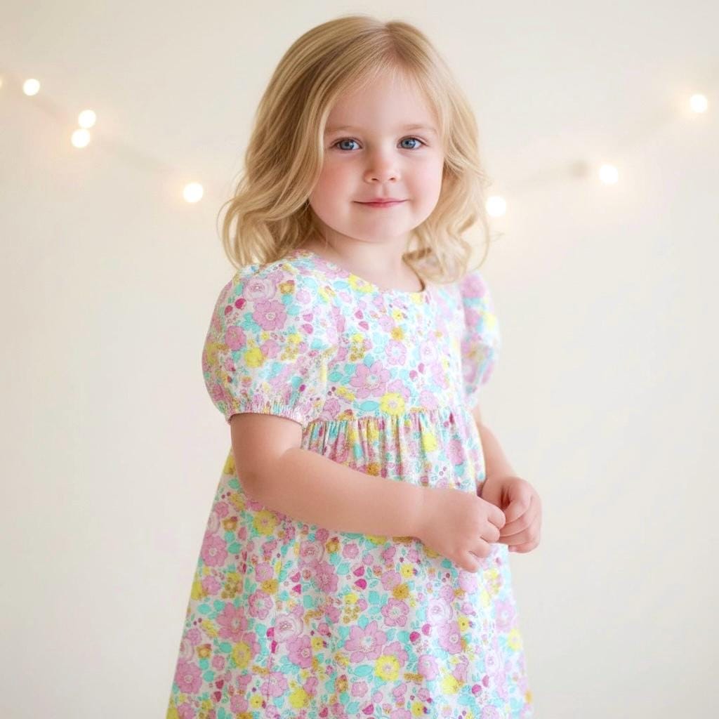 Liberty London Blue Yellow Pink Floral Print Sun Dress, Short Puffed Sleeves Handmade Dress