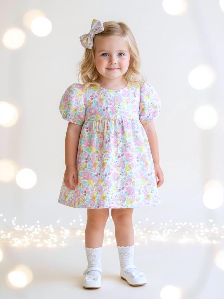 Liberty London Blue Yellow Pink Floral Print Sun Dress, Short Puffed Sleeves Handmade Dress