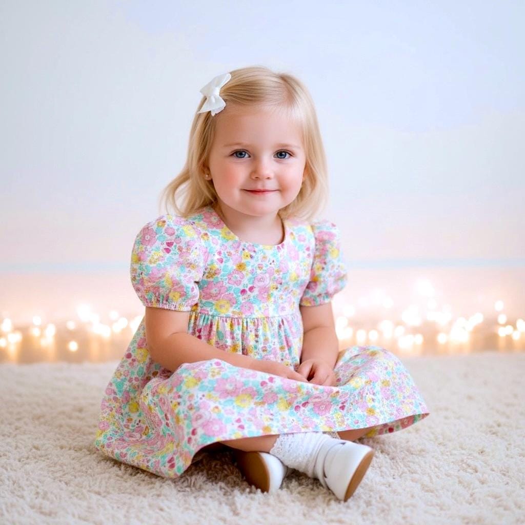 Liberty London Blue Yellow Pink Floral Print Sun Dress, Short Puffed Sleeves Handmade Dress