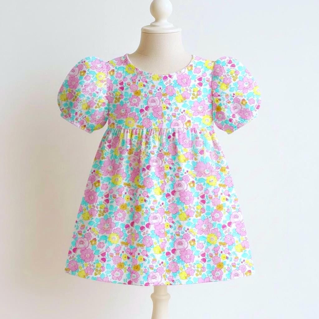 Liberty London Blue Yellow Pink Floral Print Sun Dress, Short Puffed Sleeves Handmade Dress
