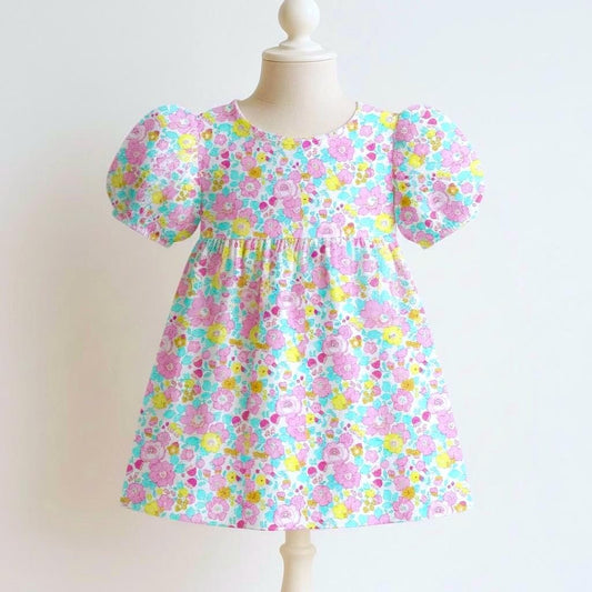 Liberty London Blue Yellow Pink Floral Print Sun Dress, Short Puffed Sleeves Handmade Dress