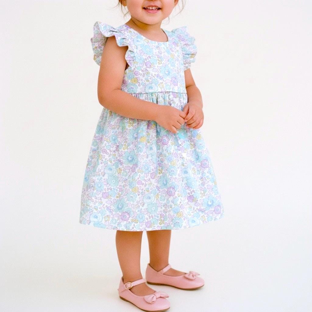 Liberty London Floral Sun Dress, Girls Ruffle Sleeve Tana Lawn Cotton