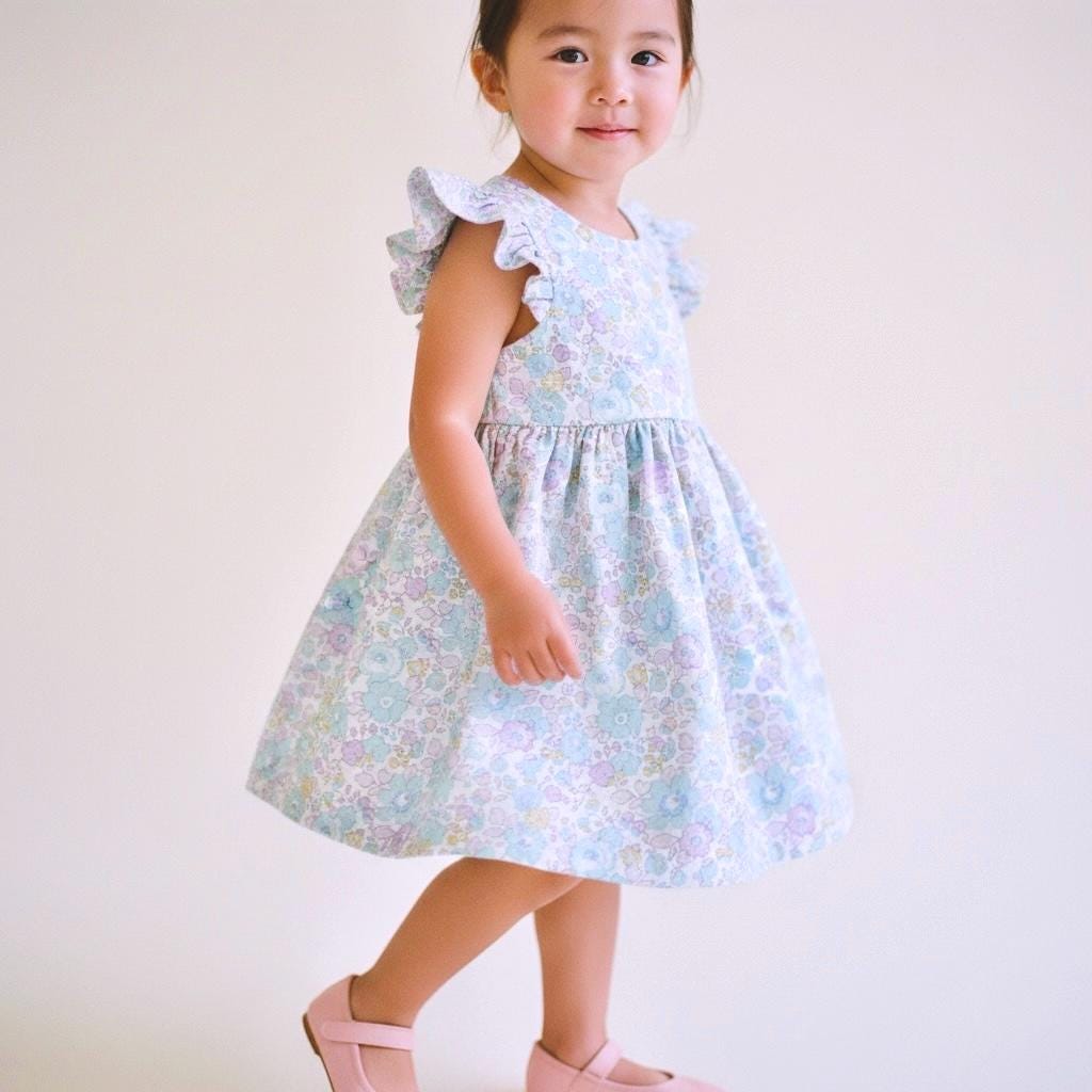 Liberty London Floral Sun Dress, Girls Ruffle Sleeve Tana Lawn Cotton