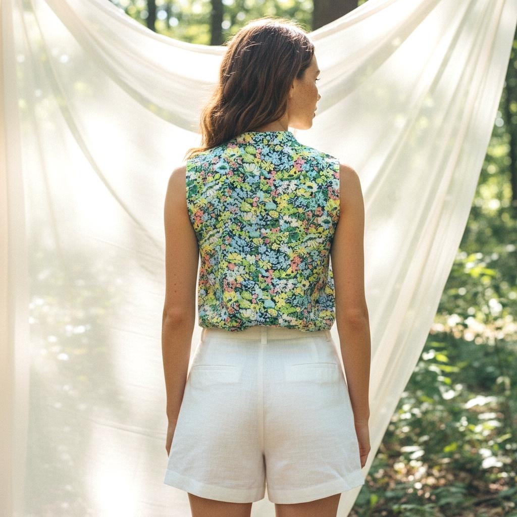 Sleeveless Liberty London Floral Print Top, Mandarin Collar Cotton Blouse