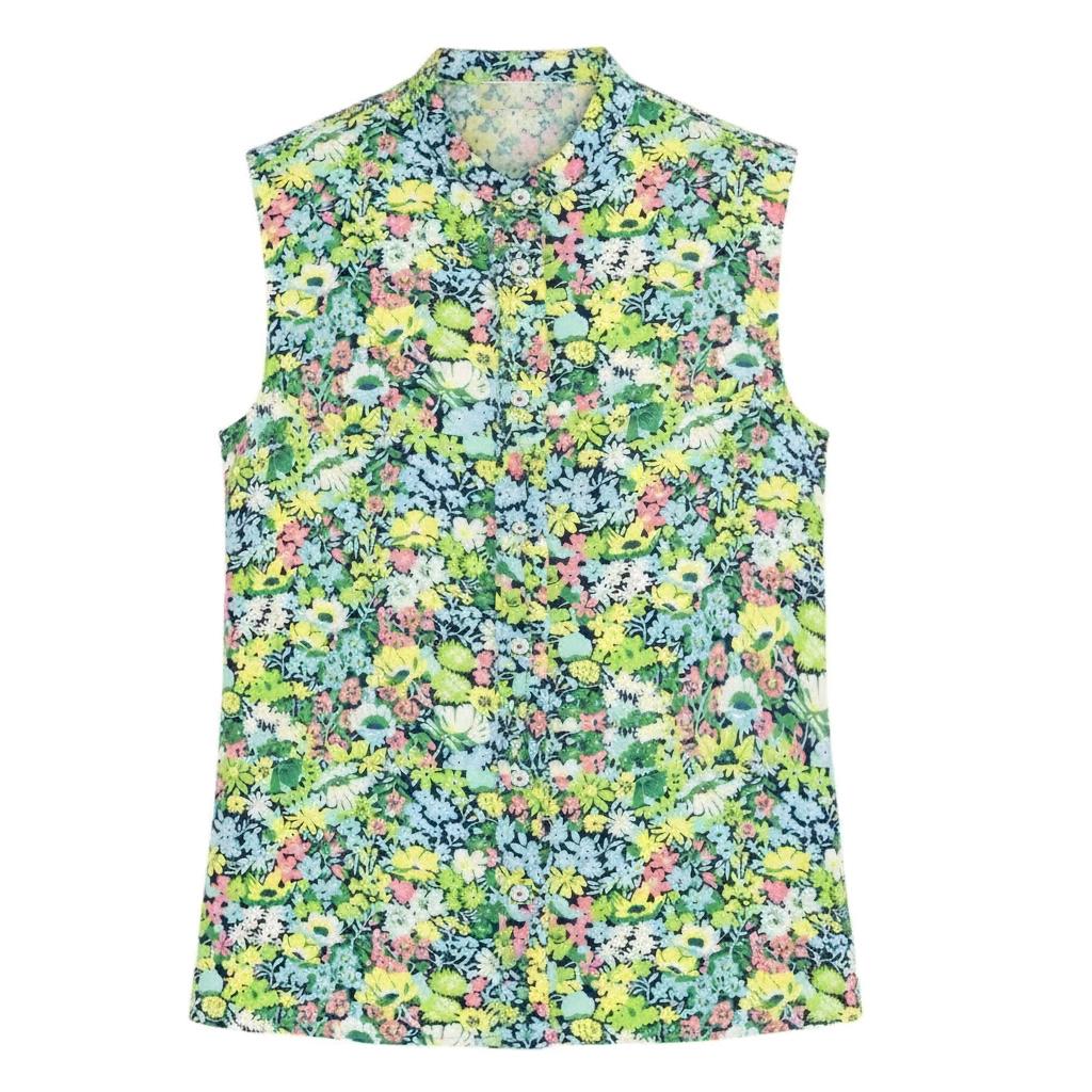 Sleeveless Liberty London Floral Print Top, Mandarin Collar Cotton Blouse