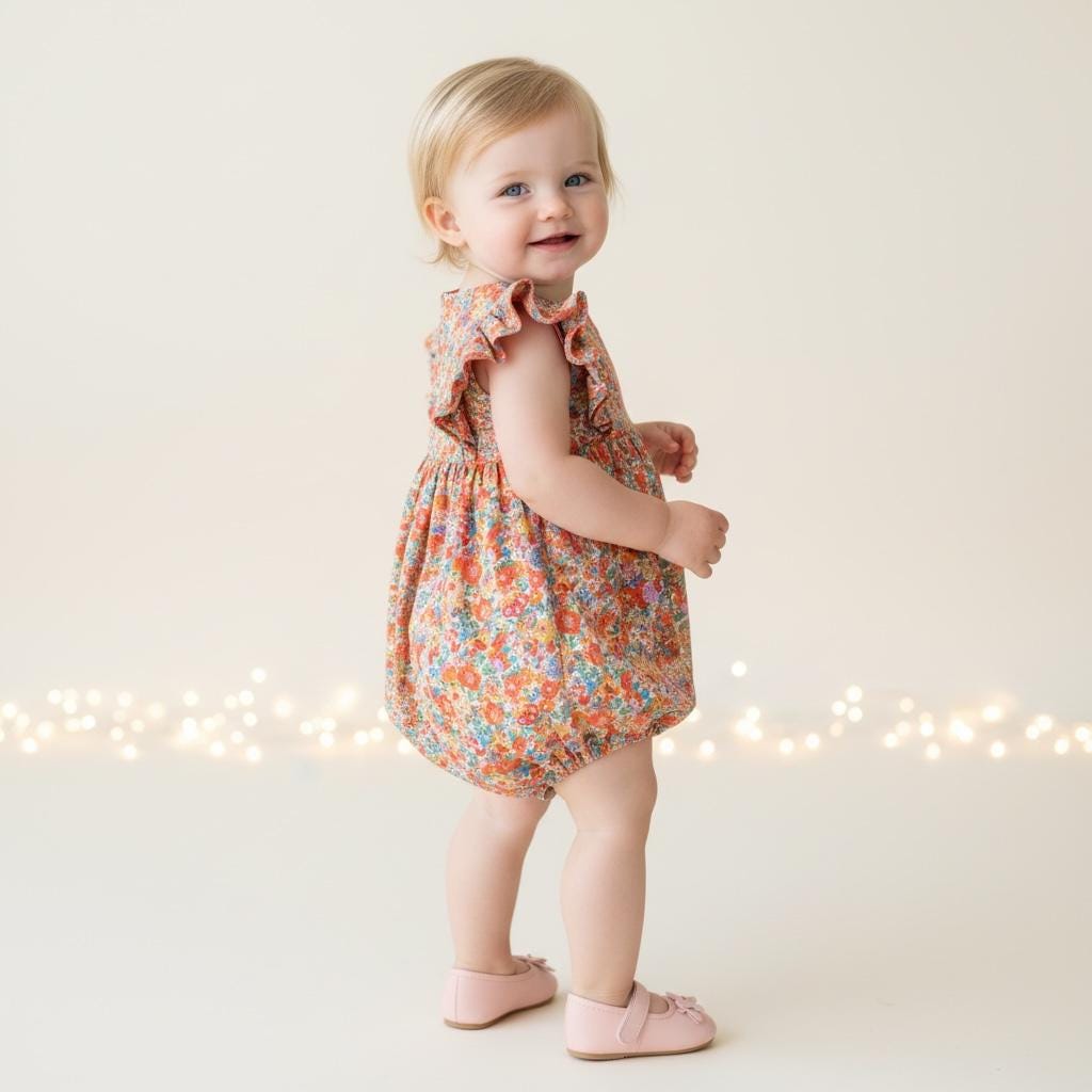 Liberty London Handmade Bubble Romper,Ditsy Floral Print Rainbow Sleeveless Onesie,Personalised Cotton Tana Lawn Clothing,New Born Baby Gift
