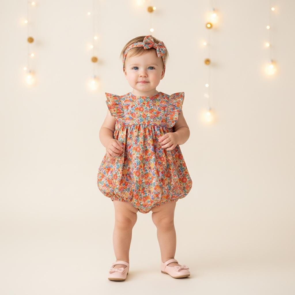 Liberty London Handmade Bubble Romper,Ditsy Floral Print Rainbow Sleeveless Onesie,Personalised Cotton Tana Lawn Clothing,New Born Baby Gift