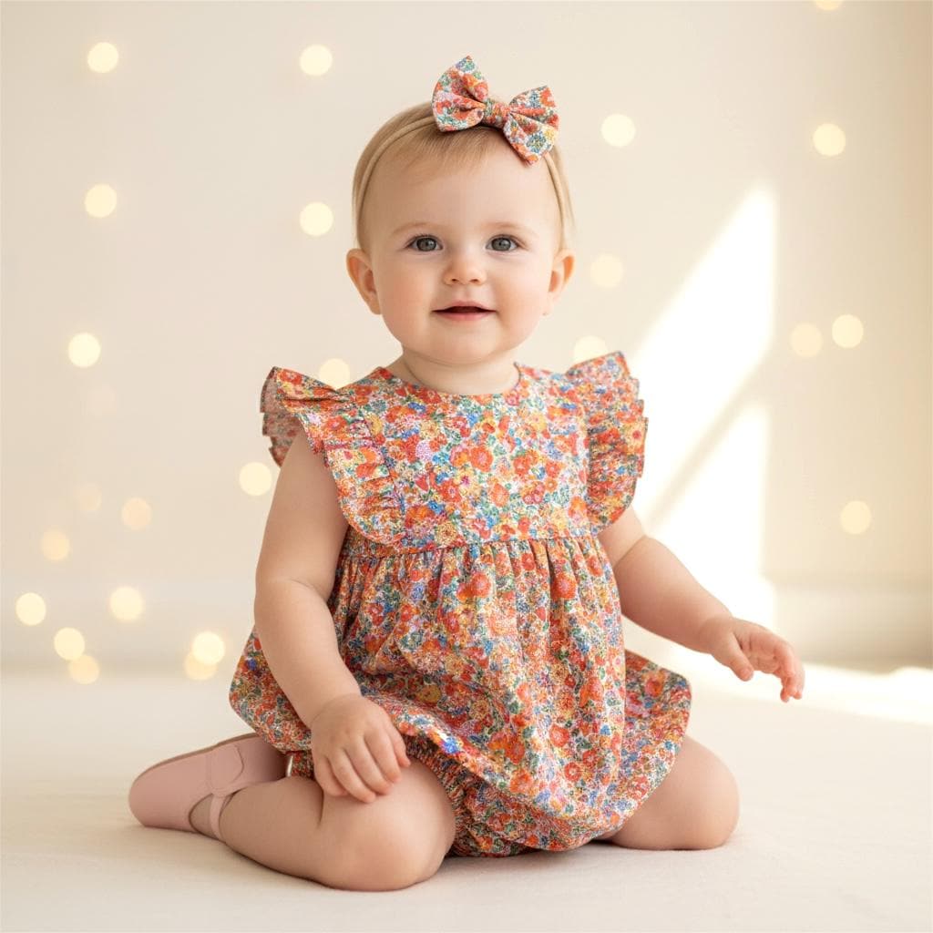 Liberty London Handmade Bubble Romper,Ditsy Floral Print Rainbow Sleeveless Onesie,Personalised Cotton Tana Lawn Clothing,New Born Baby Gift