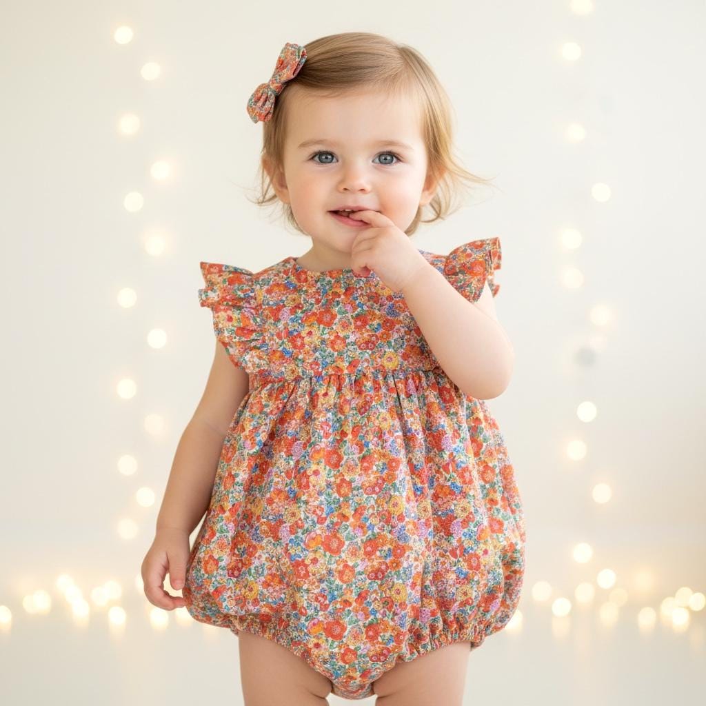 Liberty London Handmade Bubble Romper,Ditsy Floral Print Rainbow Sleeveless Onesie,Personalised Cotton Tana Lawn Clothing,New Born Baby Gift
