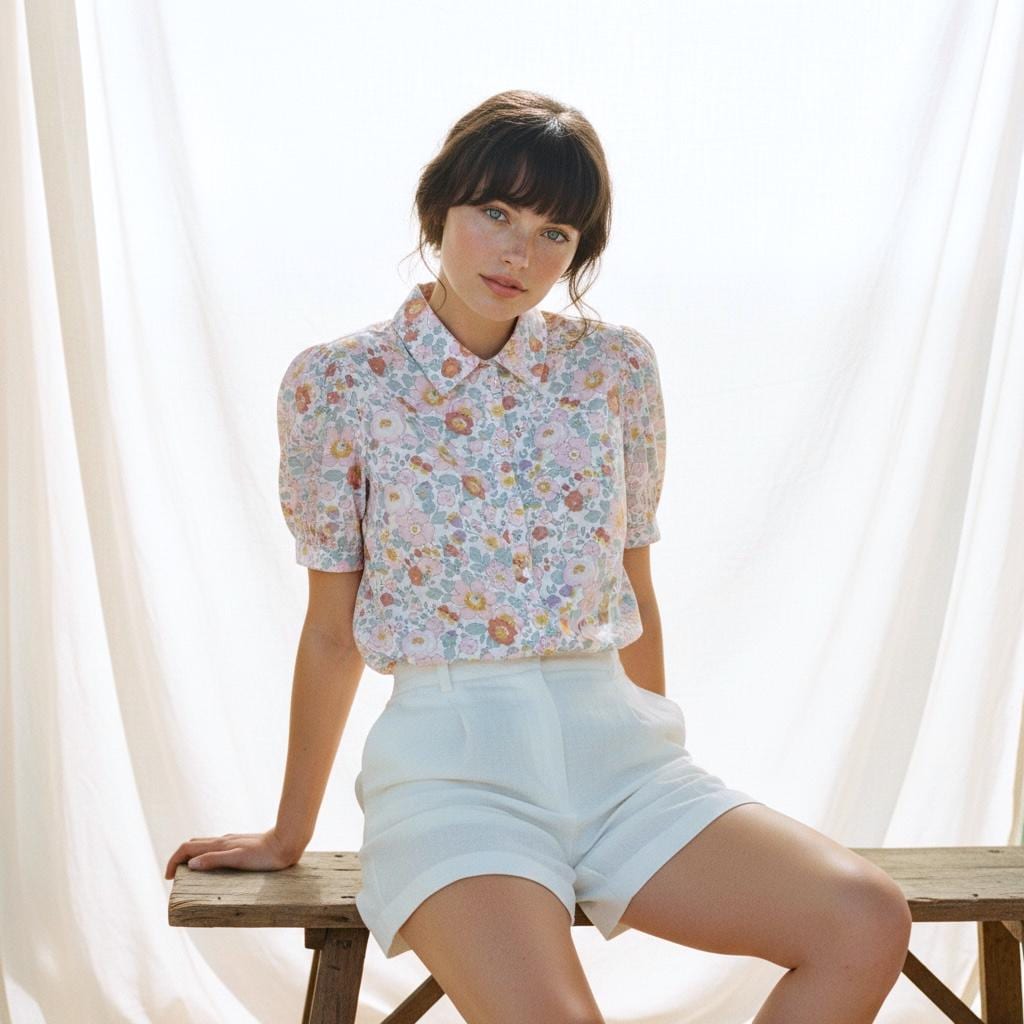 Liberty London Floral Cotton Puff Sleeve Blouse, Pastel Ditsy Print Shirt