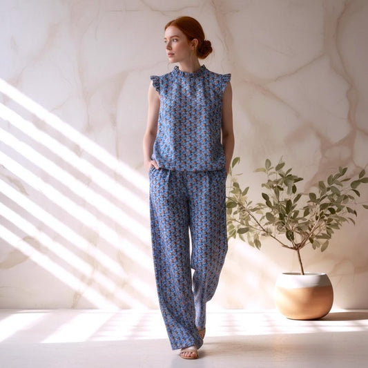 Liberty London Floral Loungewear Set, Ruffle Top, Wide Leg Pants, Handmade Cotton
