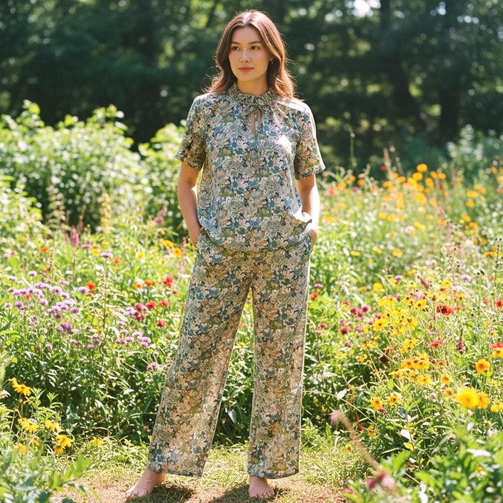 Liberty London Floral Loungewear Set, Tana Lawn Cotton Palazzo Pants, Ruffle Top