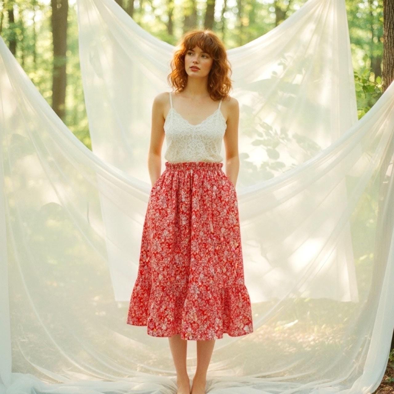 Liberty London Ditsy Floral Tiered Midi Skirt, Handmade Cotton Tana Lawn, Ruffle Waist